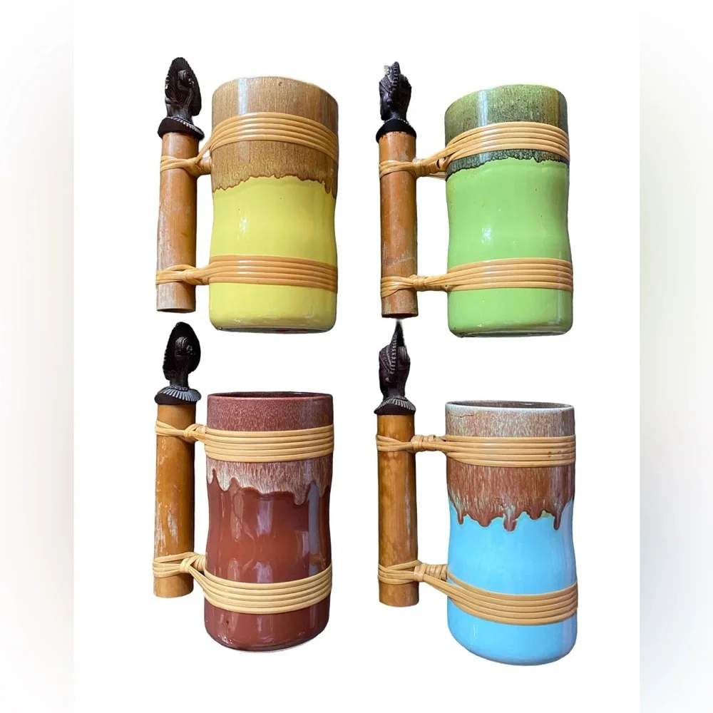 Vtg Drip Glaze Beer Stein Bamboo & Rattan Elements W/Woman Bust Handle Set‎ Of 4